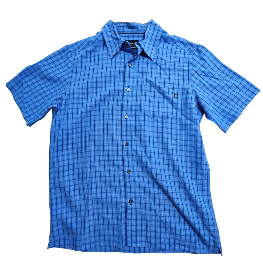 Marmot Button Down Shirt Mens Medium Blue Plaid Short Sleeve D96660